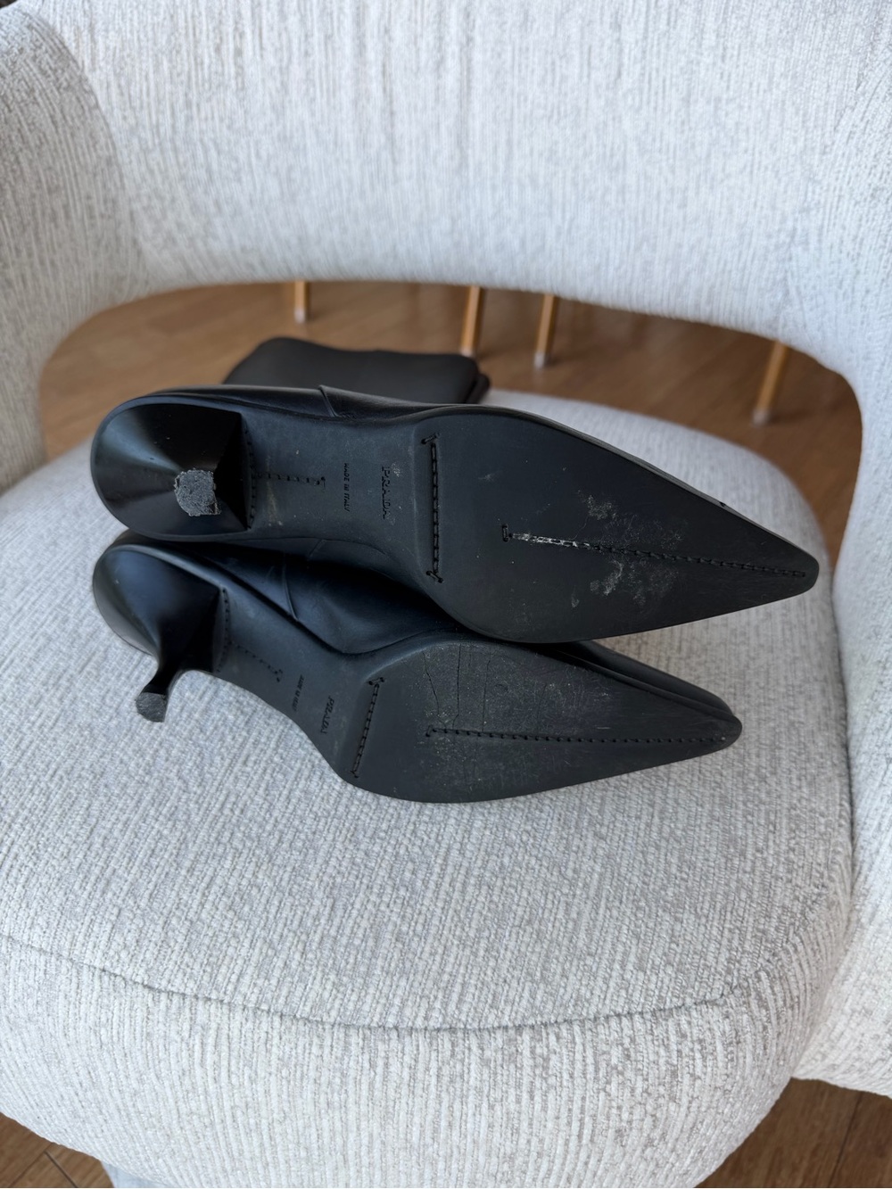Prada Black Leather Pointed Toe Knee High Kitten Heel Boots - Picture 10 of 12